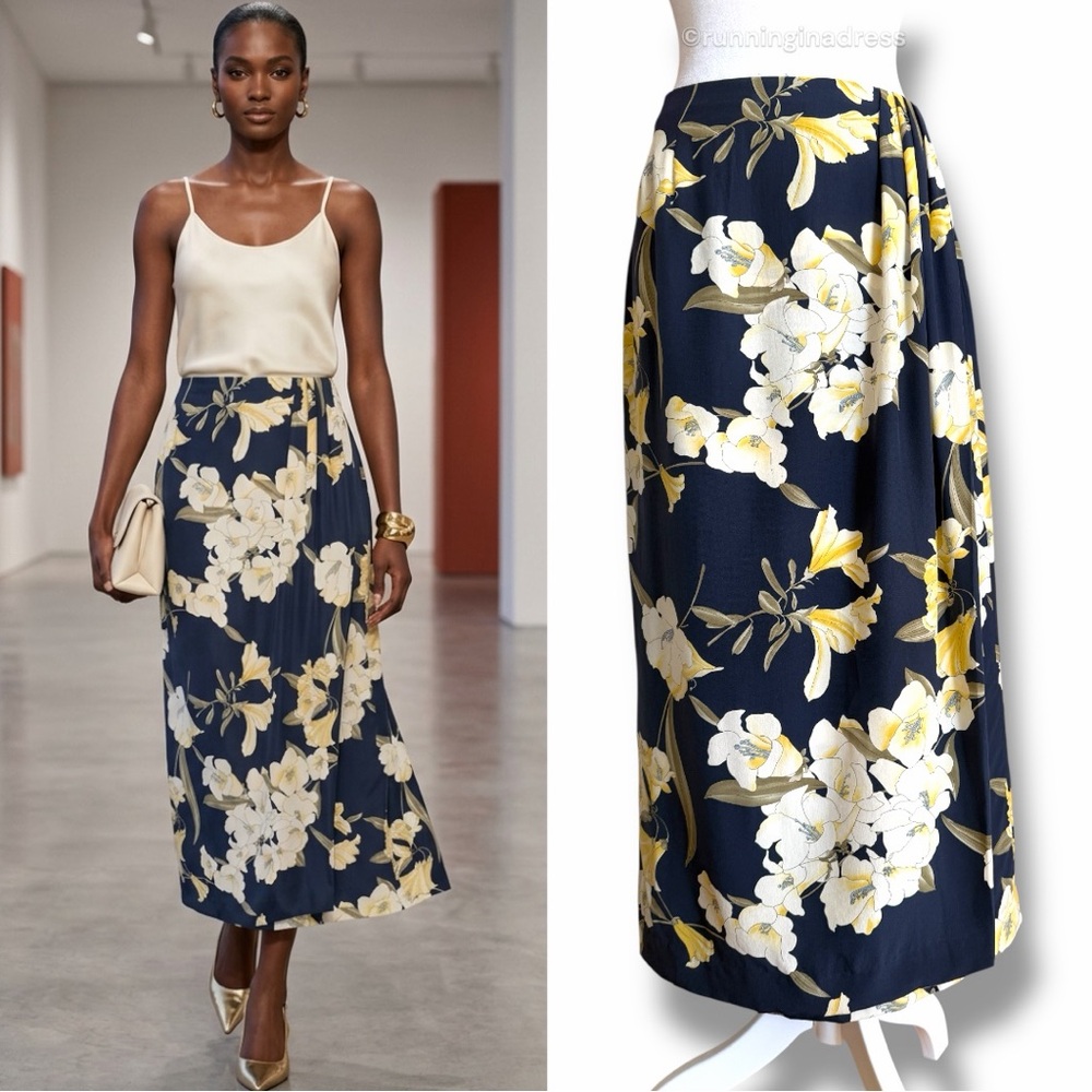 Vintage 90s Rafaella 100% Silk Floral Faux Wrap Midi Skirt Navy Yellow Size 10